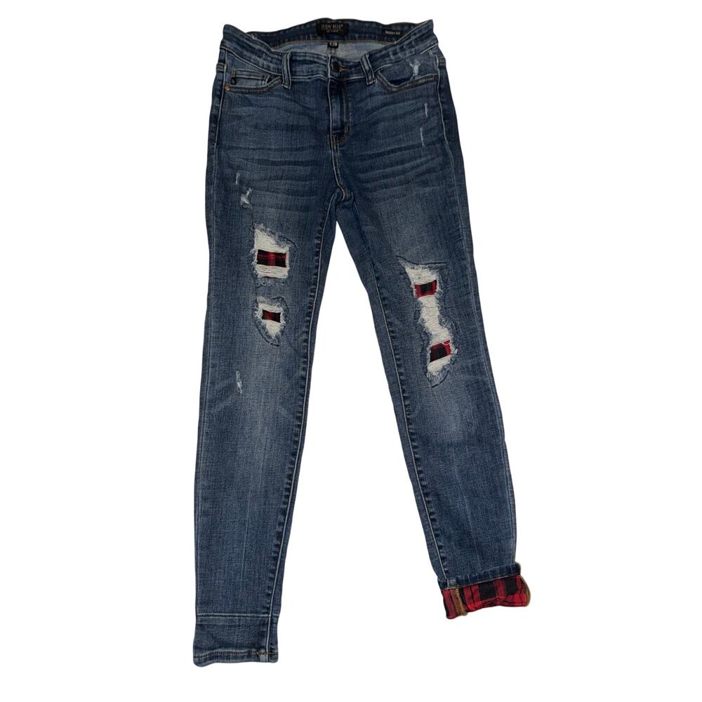 Judy blue women’s distressed with buffalo plaid skinny blue jeans